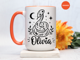 Personalized Snake Mug with Name, Celestial Serpent Coffee Cup, Custom Witchy Gift for Snake Lover, Gothic Botanical Birthday Gift