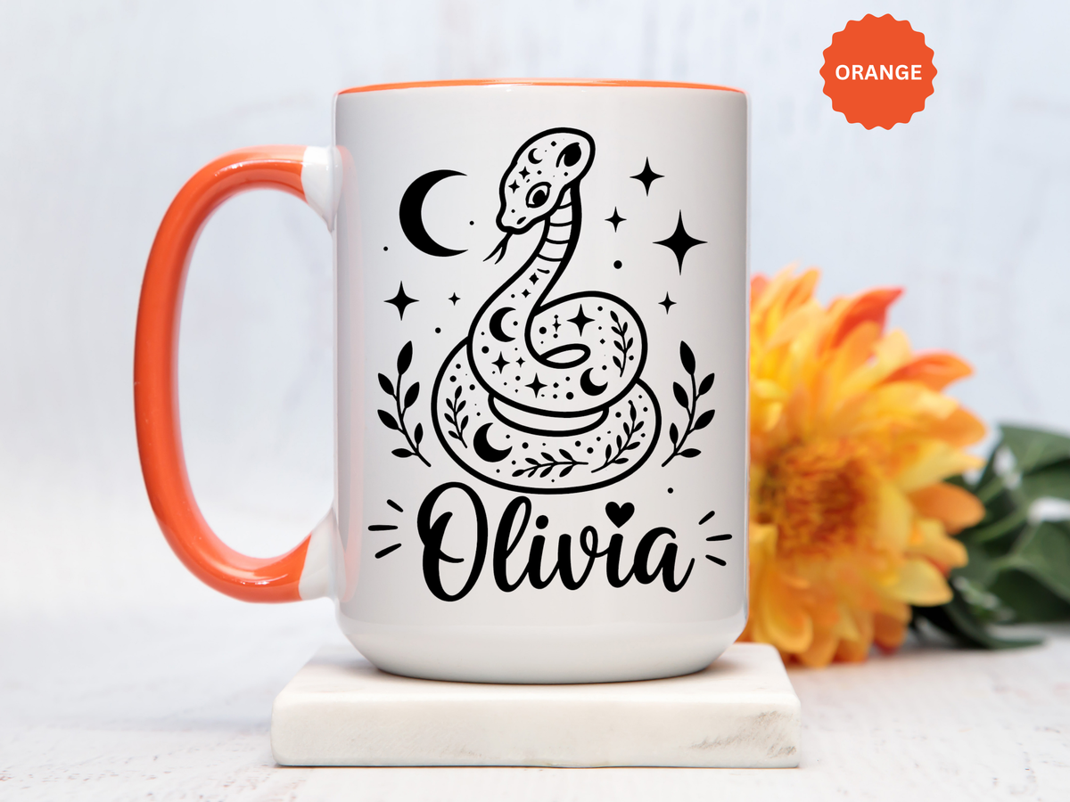 Personalized Snake Mug with Name, Celestial Serpent Coffee Cup, Custom Witchy Gift for Snake Lover, Gothic Botanical Birthday Gift