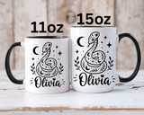 Personalized Snake Mug with Name, Celestial Serpent Coffee Cup, Custom Witchy Gift for Snake Lover, Gothic Botanical Birthday Gift