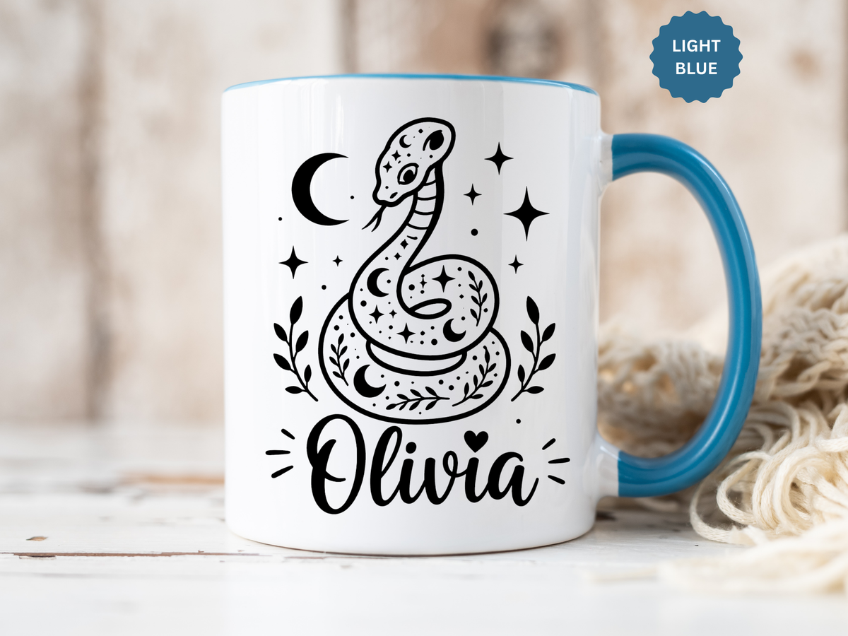 Personalized Snake Mug with Name, Celestial Serpent Coffee Cup, Custom Witchy Gift for Snake Lover, Gothic Botanical Birthday Gift