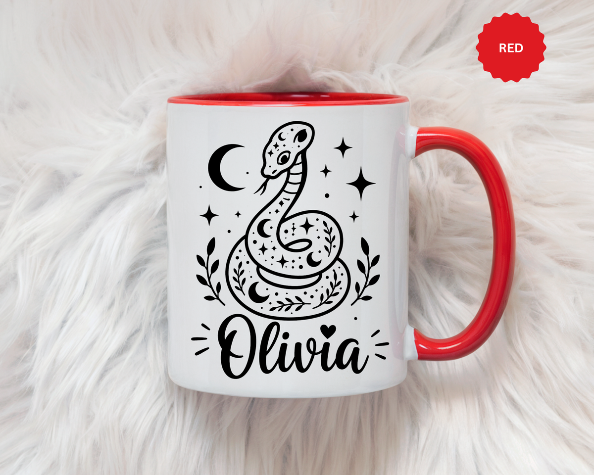 Personalized Snake Mug with Name, Celestial Serpent Coffee Cup, Custom Witchy Gift for Snake Lover, Gothic Botanical Birthday Gift