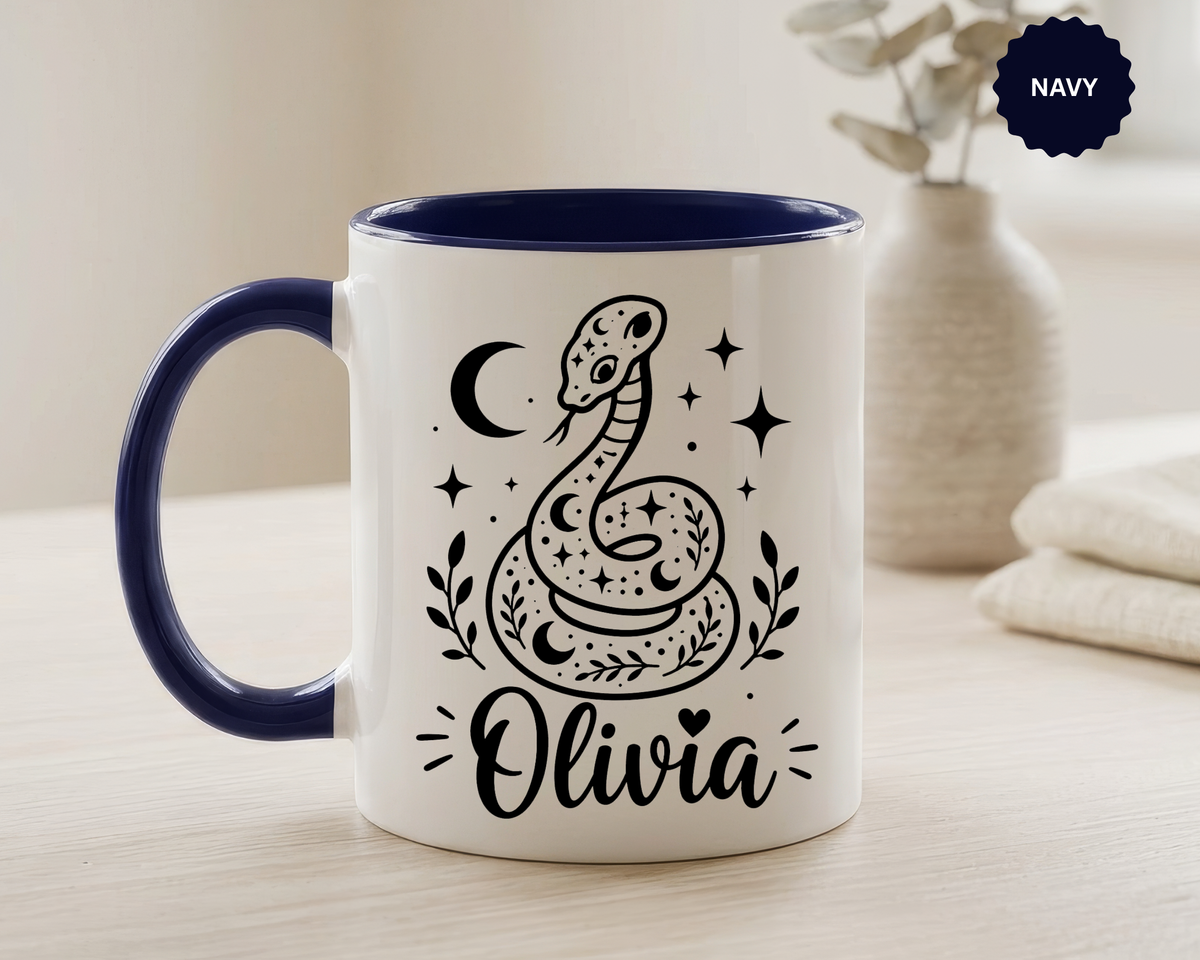 Personalized Snake Mug with Name, Celestial Serpent Coffee Cup, Custom Witchy Gift for Snake Lover, Gothic Botanical Birthday Gift