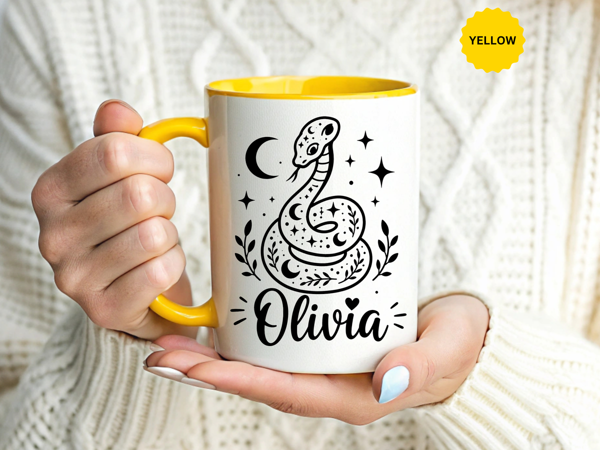 Personalized Snake Mug with Name, Celestial Serpent Coffee Cup, Custom Witchy Gift for Snake Lover, Gothic Botanical Birthday Gift