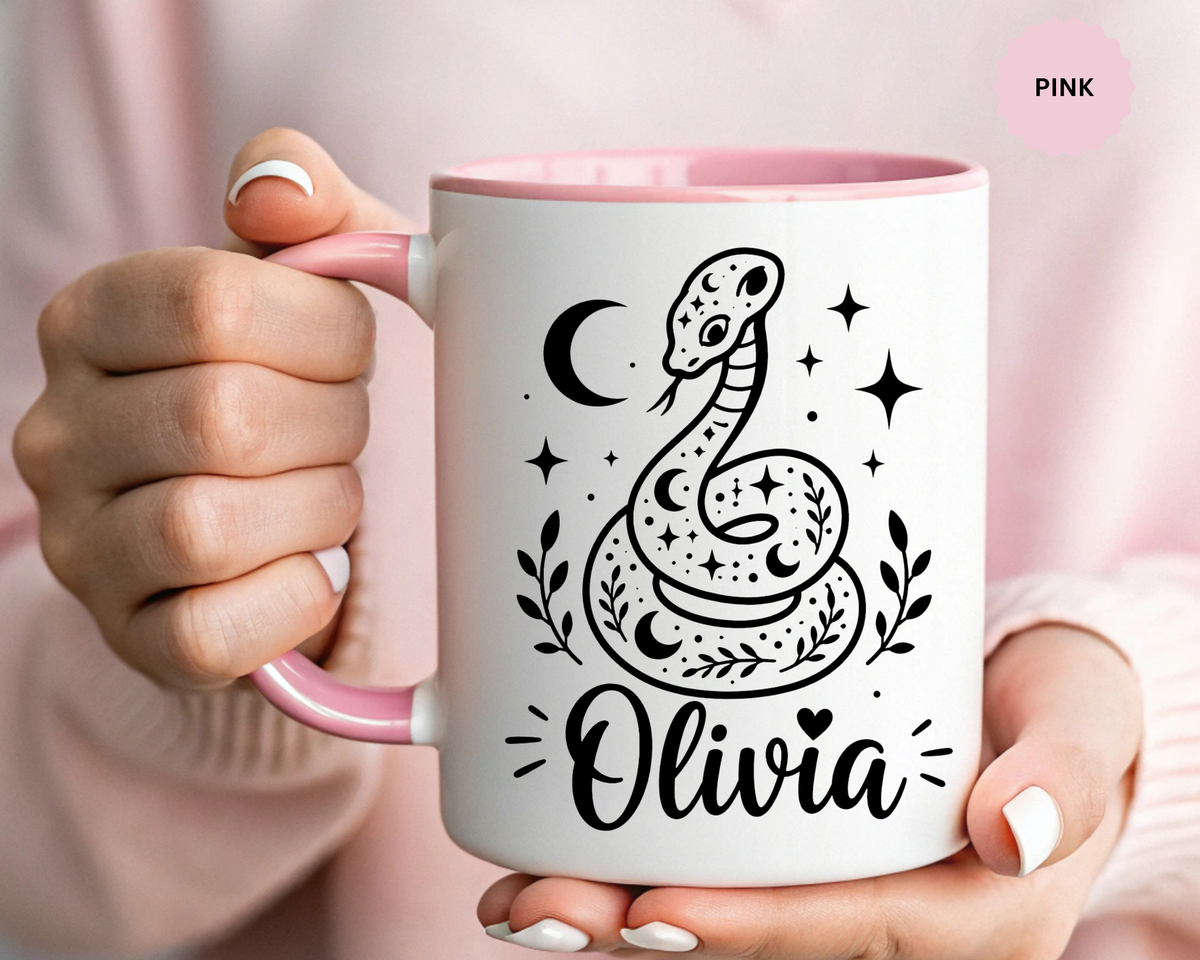 Personalized Snake Mug with Name, Celestial Serpent Coffee Cup, Custom Witchy Gift for Snake Lover, Gothic Botanical Birthday Gift