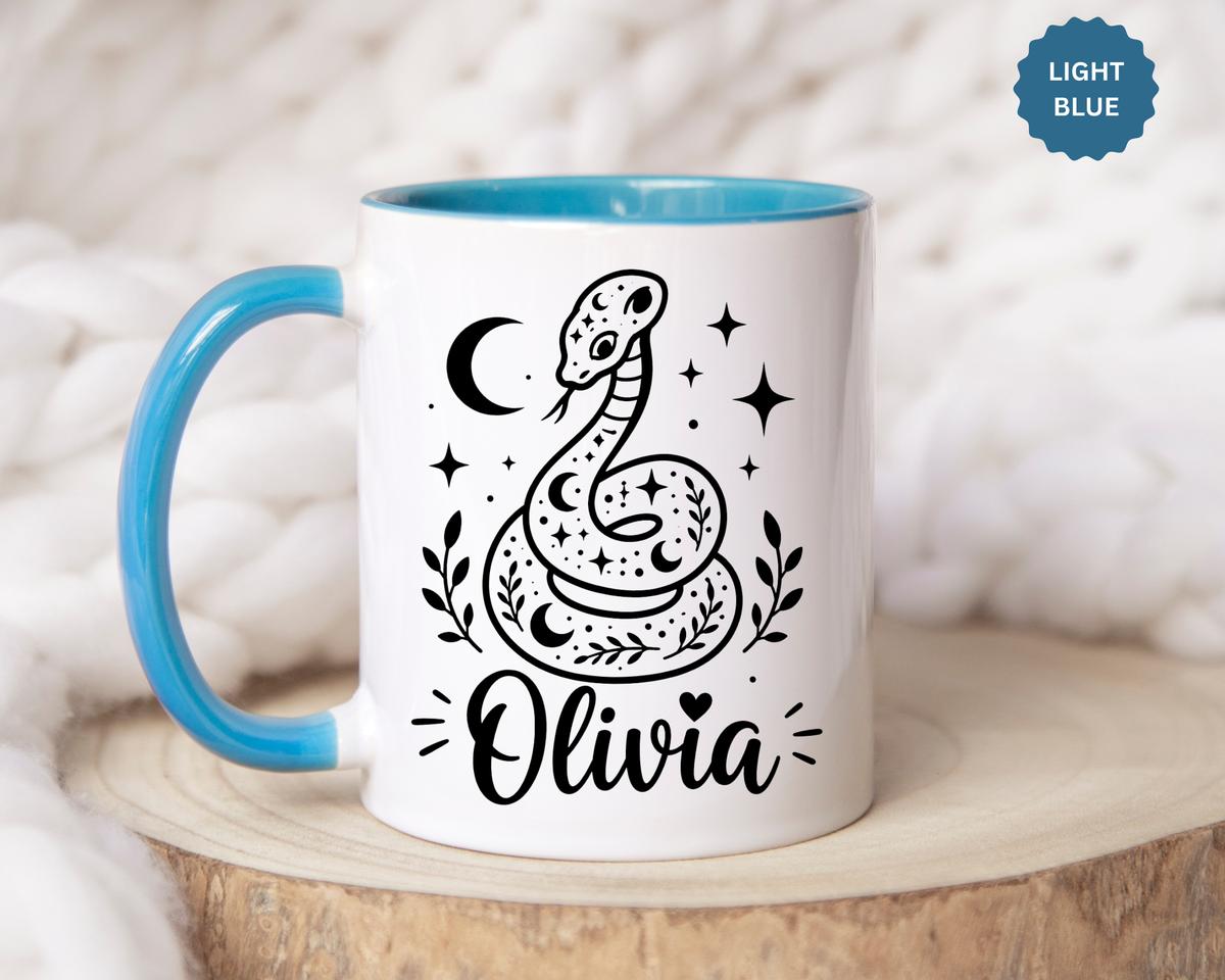 Personalized Snake Mug with Name, Celestial Serpent Coffee Cup, Custom Witchy Gift for Snake Lover, Gothic Botanical Birthday Gift
