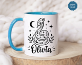 Personalized Snake Mug with Name, Celestial Serpent Coffee Cup, Custom Witchy Gift for Snake Lover, Gothic Botanical Birthday Gift