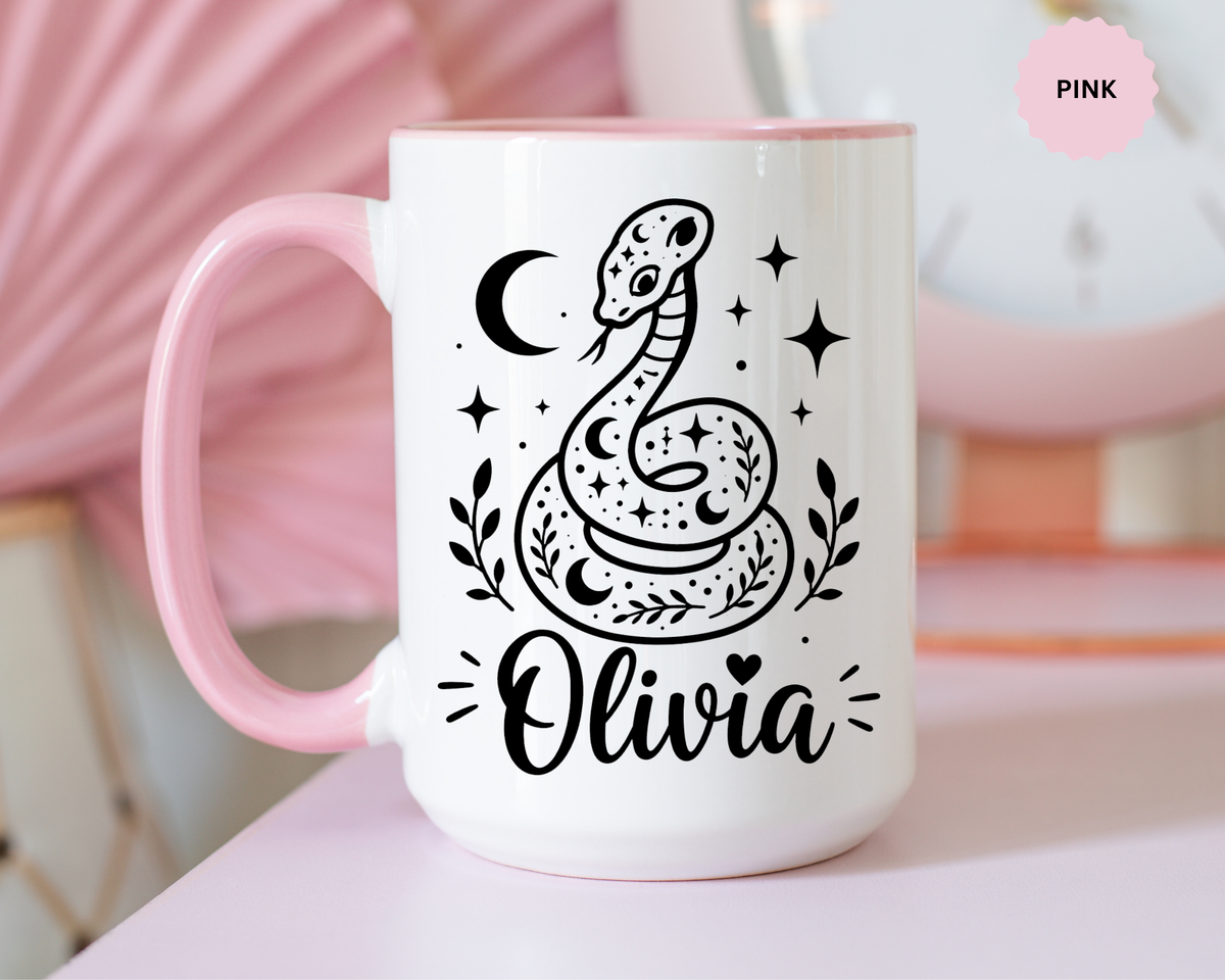 Personalized Snake Mug with Name, Celestial Serpent Coffee Cup, Custom Witchy Gift for Snake Lover, Gothic Botanical Birthday Gift