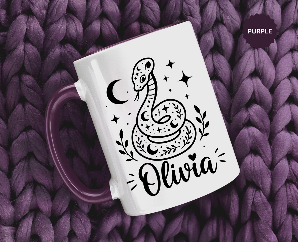 Personalized Snake Mug with Name, Celestial Serpent Coffee Cup, Custom Witchy Gift for Snake Lover, Gothic Botanical Birthday Gift