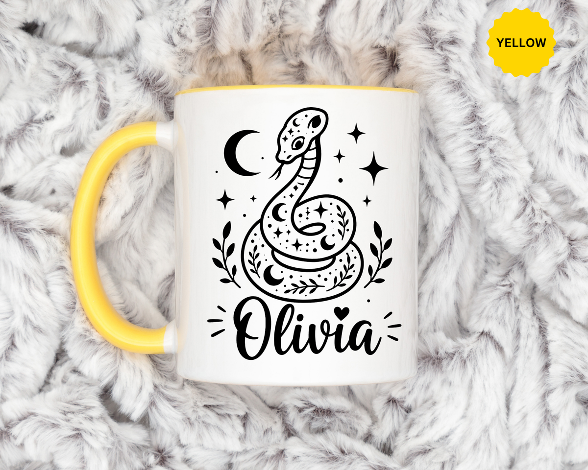 Personalized Snake Mug with Name, Celestial Serpent Coffee Cup, Custom Witchy Gift for Snake Lover, Gothic Botanical Birthday Gift