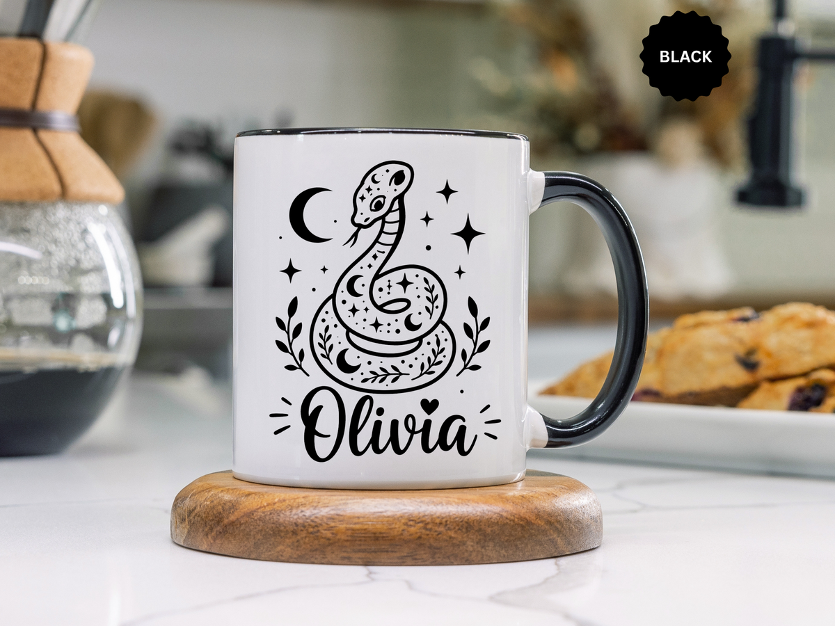 Personalized Snake Mug with Name, Celestial Serpent Coffee Cup, Custom Witchy Gift for Snake Lover, Gothic Botanical Birthday Gift