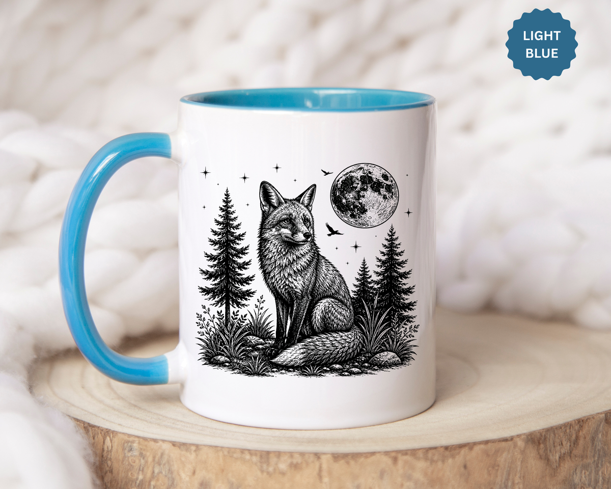 Fox Moon Mug, Black and White Woodland Coffee Cup, Celestial Forest Animal Gift for Fox Lover, Rustic Cabin Decor, Nature Birthday Present