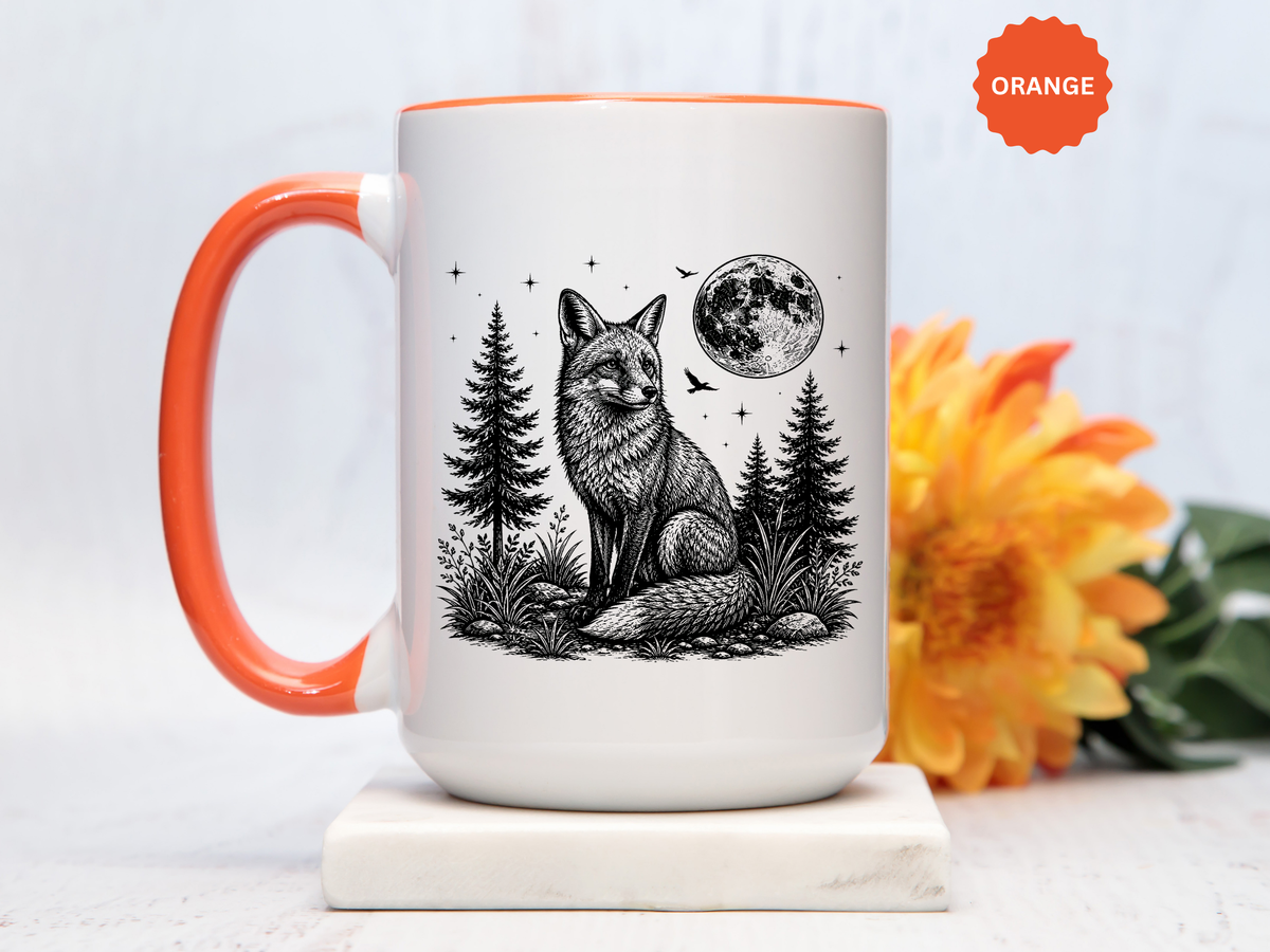 Fox Moon Mug, Black and White Woodland Coffee Cup, Celestial Forest Animal Gift for Fox Lover, Rustic Cabin Decor, Nature Birthday Present