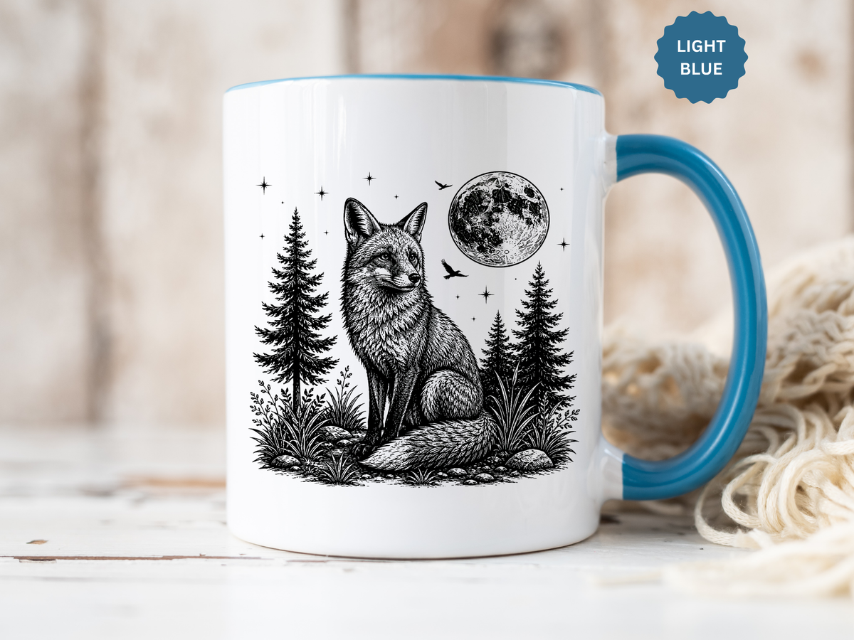 Fox Moon Mug, Black and White Woodland Coffee Cup, Celestial Forest Animal Gift for Fox Lover, Rustic Cabin Decor, Nature Birthday Present