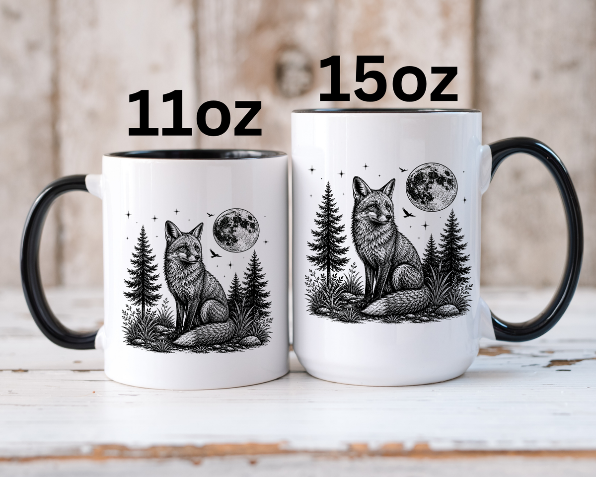 Fox Moon Mug, Black and White Woodland Coffee Cup, Celestial Forest Animal Gift for Fox Lover, Rustic Cabin Decor, Nature Birthday Present