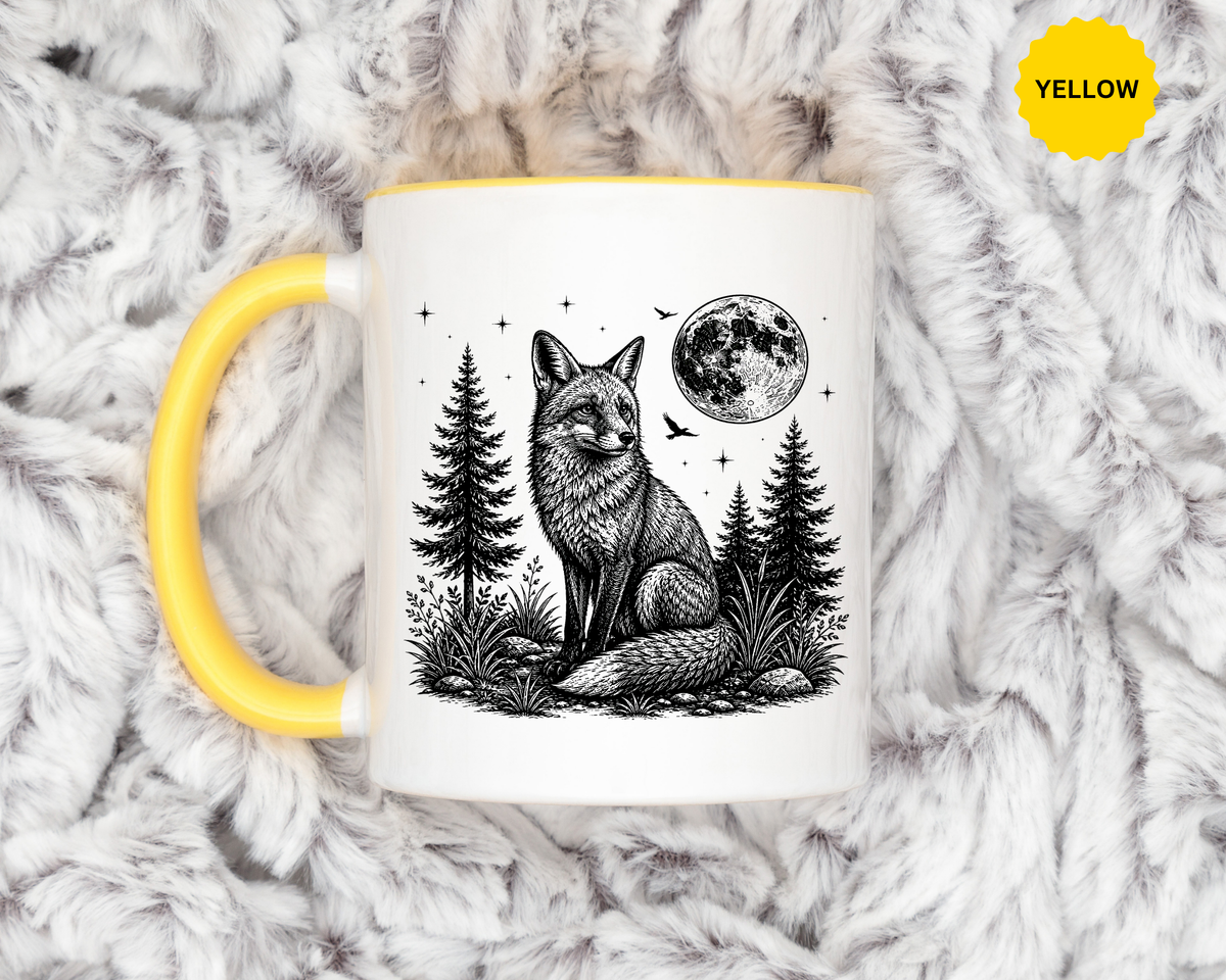 Fox Moon Mug, Black and White Woodland Coffee Cup, Celestial Forest Animal Gift for Fox Lover, Rustic Cabin Decor, Nature Birthday Present