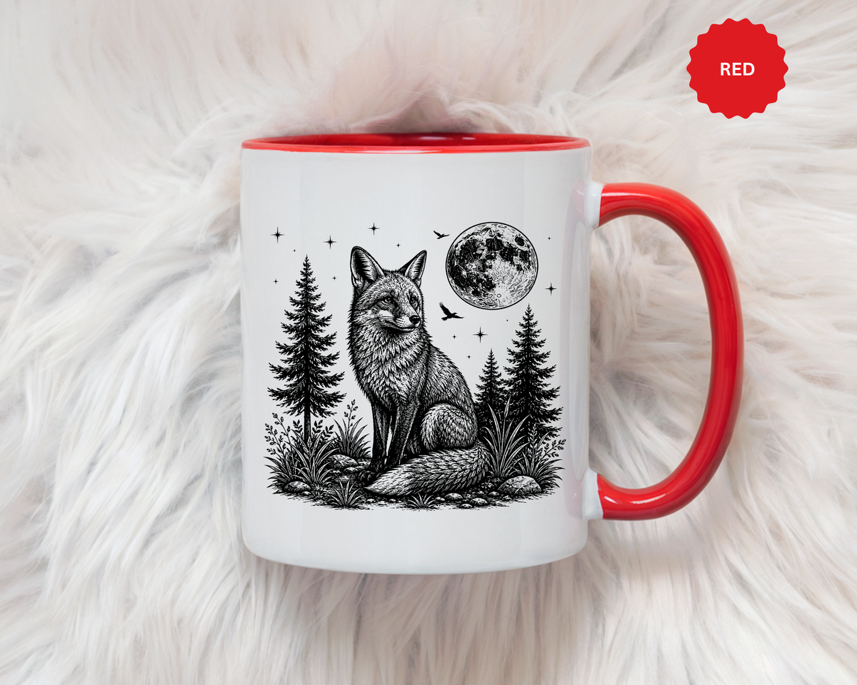 Fox Moon Mug, Black and White Woodland Coffee Cup, Celestial Forest Animal Gift for Fox Lover, Rustic Cabin Decor, Nature Birthday Present