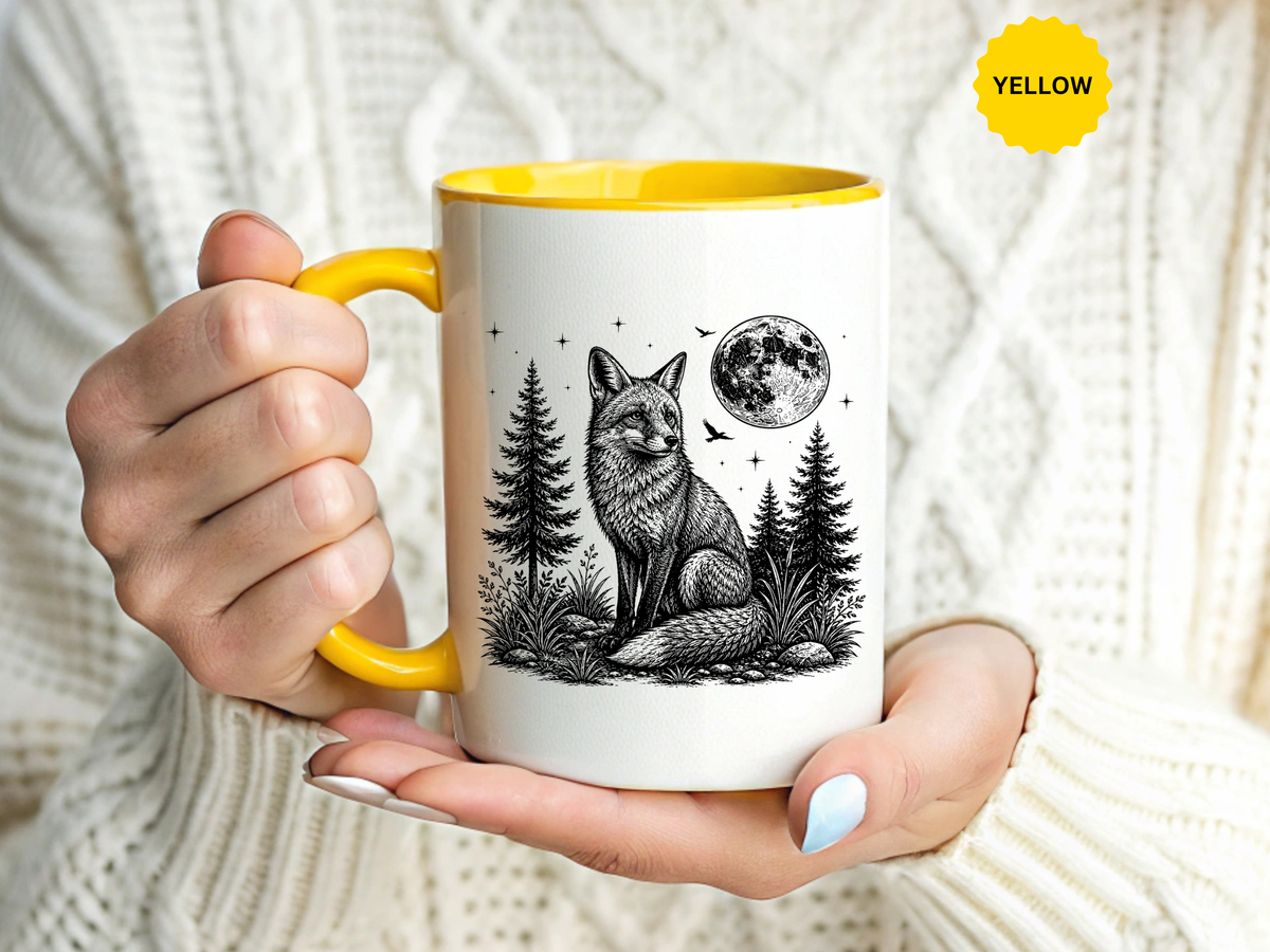 Fox Moon Mug, Black and White Woodland Coffee Cup, Celestial Forest Animal Gift for Fox Lover, Rustic Cabin Decor, Nature Birthday Present