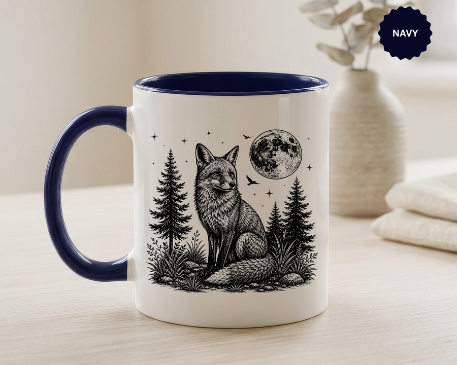 Fox Moon Mug, Black and White Woodland Coffee Cup, Celestial Forest Animal Gift for Fox Lover, Rustic Cabin Decor, Nature Birthday Present