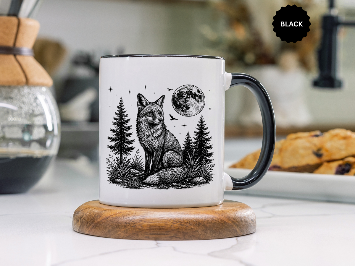 Fox Moon Mug, Black and White Woodland Coffee Cup, Celestial Forest Animal Gift for Fox Lover, Rustic Cabin Decor, Nature Birthday Present