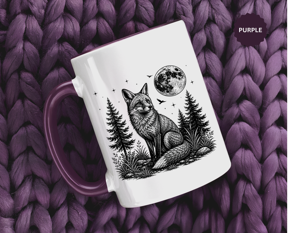 Fox Moon Mug, Black and White Woodland Coffee Cup, Celestial Forest Animal Gift for Fox Lover, Rustic Cabin Decor, Nature Birthday Present