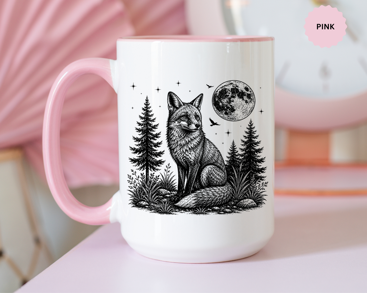 Fox Moon Mug, Black and White Woodland Coffee Cup, Celestial Forest Animal Gift for Fox Lover, Rustic Cabin Decor, Nature Birthday Present