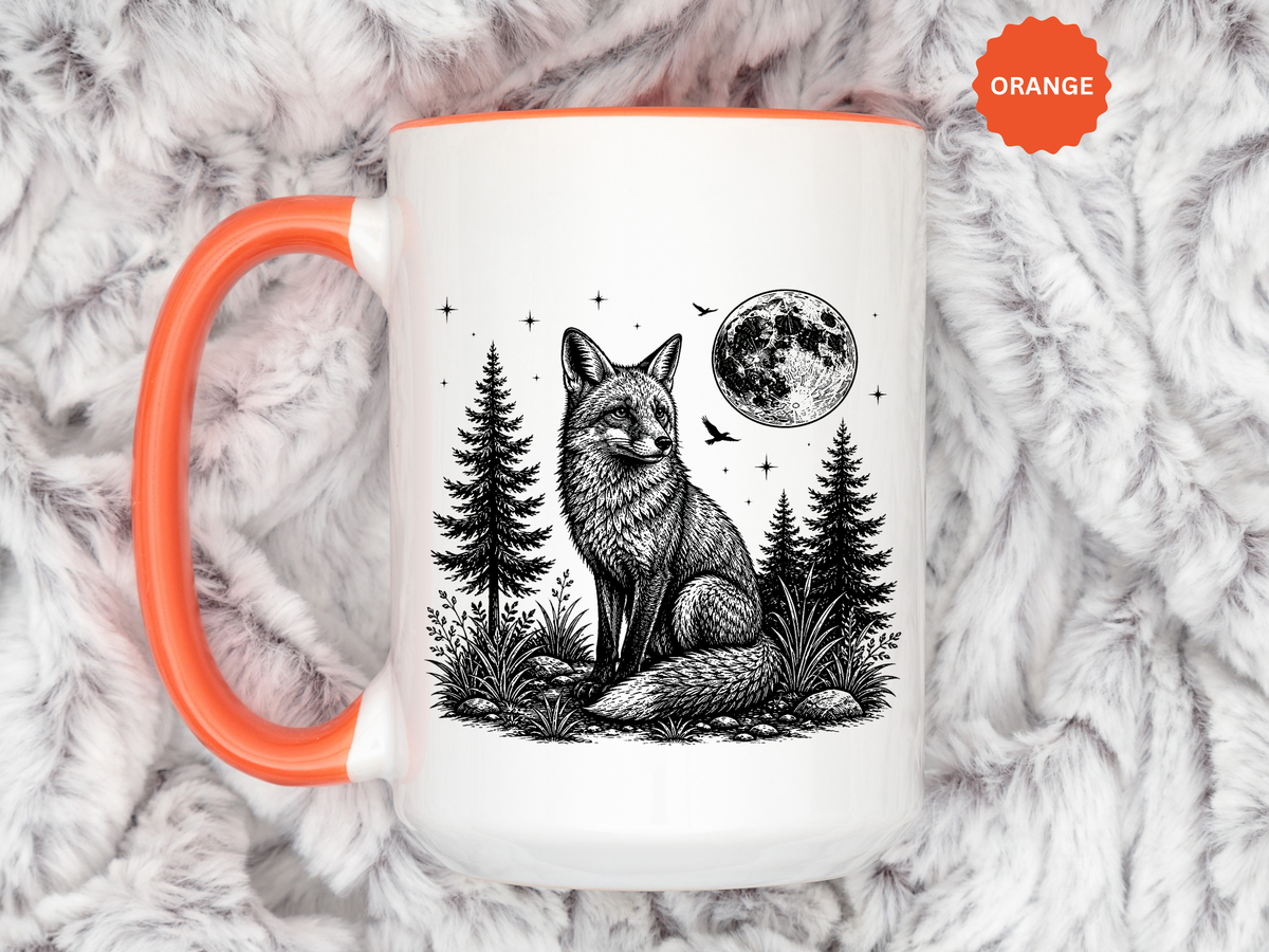 Fox Moon Mug, Black and White Woodland Coffee Cup, Celestial Forest Animal Gift for Fox Lover, Rustic Cabin Decor, Nature Birthday Present