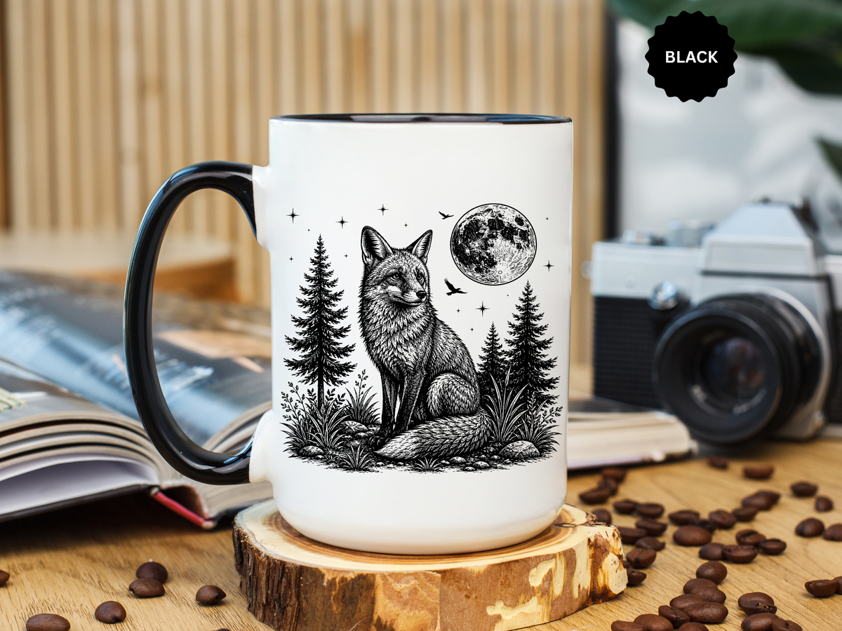 Fox Moon Mug, Black and White Woodland Coffee Cup, Celestial Forest Animal Gift for Fox Lover, Rustic Cabin Decor, Nature Birthday Present