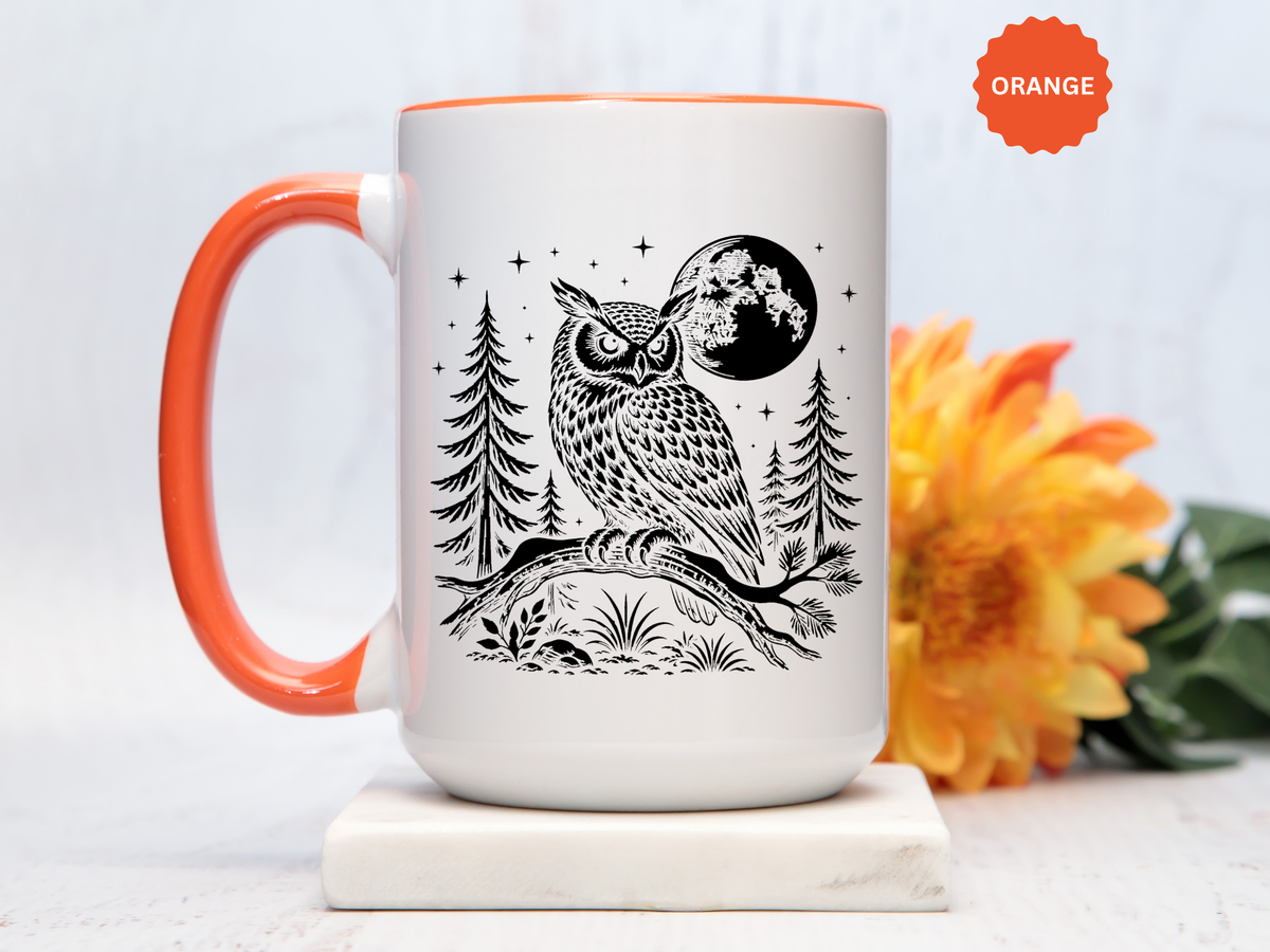 Owl Moon Mug, Black and White Woodland Coffee Cup, Celestial Bird Lover Gift, Rustic Forest Kitchen Decor, Nature Birthday Present