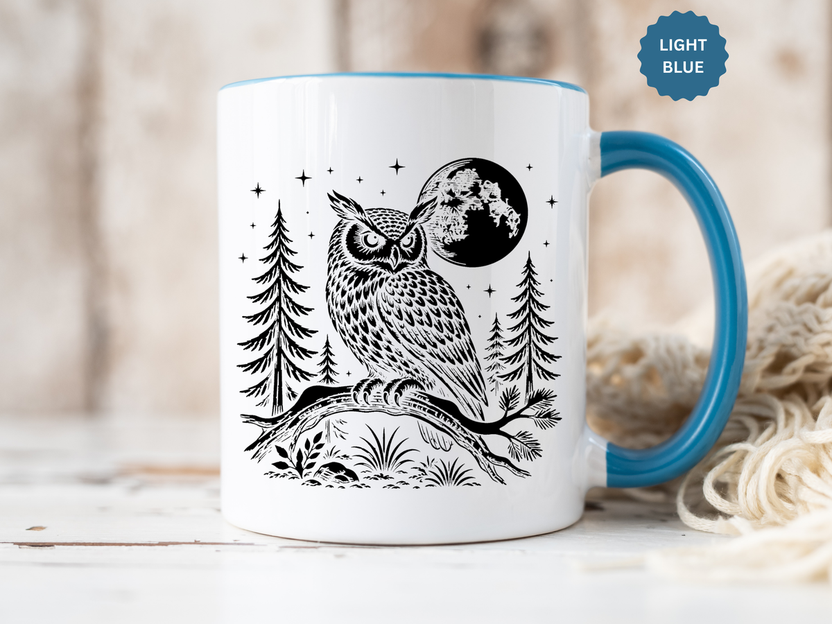 Owl Moon Mug, Black and White Woodland Coffee Cup, Celestial Bird Lover Gift, Rustic Forest Kitchen Decor, Nature Birthday Present