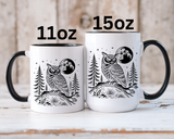 Owl Moon Mug, Black and White Woodland Coffee Cup, Celestial Bird Lover Gift, Rustic Forest Kitchen Decor, Nature Birthday Present