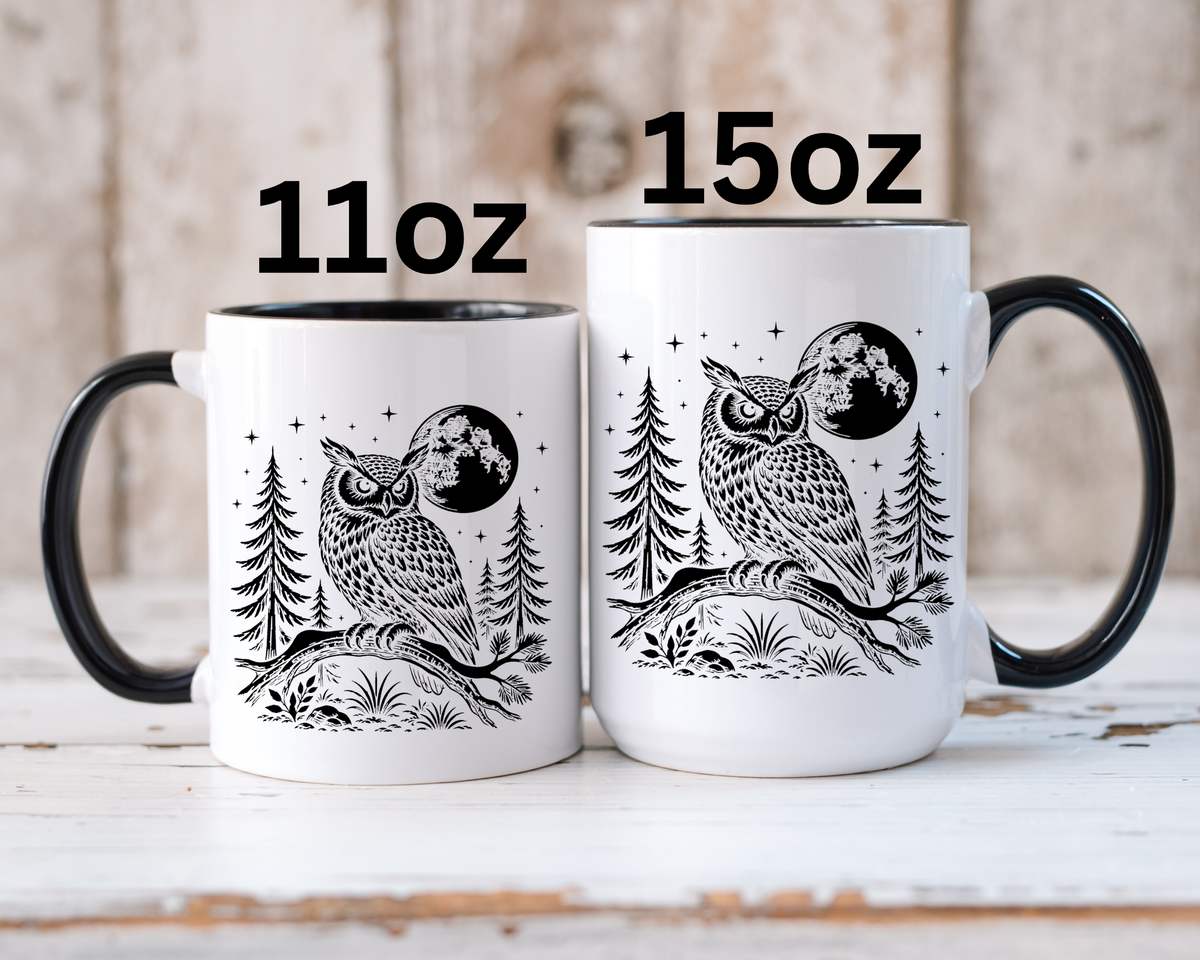 Owl Moon Mug, Black and White Woodland Coffee Cup, Celestial Bird Lover Gift, Rustic Forest Kitchen Decor, Nature Birthday Present