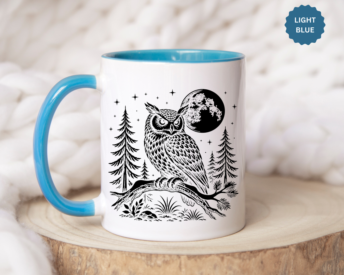 Owl Moon Mug, Black and White Woodland Coffee Cup, Celestial Bird Lover Gift, Rustic Forest Kitchen Decor, Nature Birthday Present
