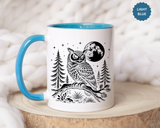 Owl Moon Mug, Black and White Woodland Coffee Cup, Celestial Bird Lover Gift, Rustic Forest Kitchen Decor, Nature Birthday Present