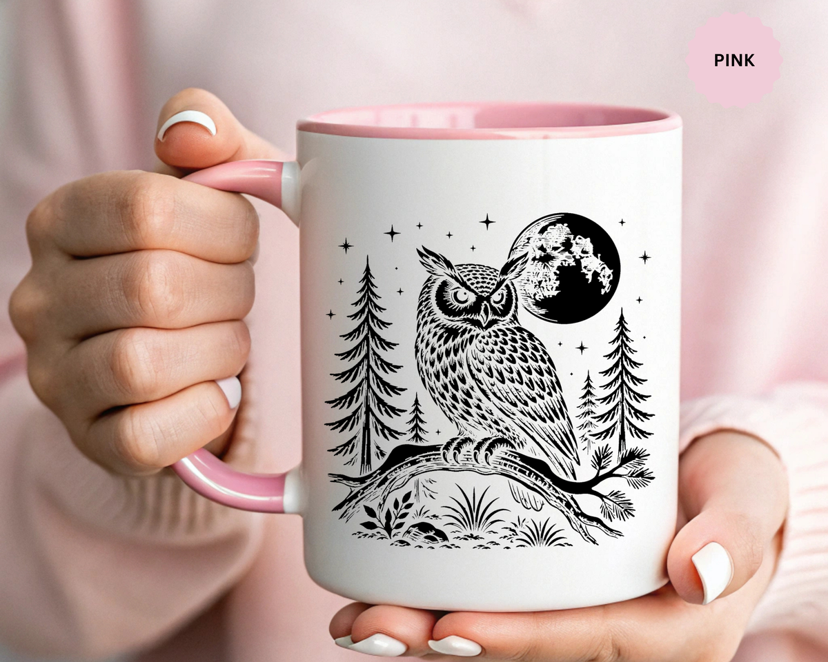 Owl Moon Mug, Black and White Woodland Coffee Cup, Celestial Bird Lover Gift, Rustic Forest Kitchen Decor, Nature Birthday Present