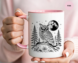 Owl Moon Mug, Black and White Woodland Coffee Cup, Celestial Bird Lover Gift, Rustic Forest Kitchen Decor, Nature Birthday Present
