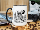 Owl Moon Mug, Black and White Woodland Coffee Cup, Celestial Bird Lover Gift, Rustic Forest Kitchen Decor, Nature Birthday Present