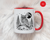 Owl Moon Mug, Black and White Woodland Coffee Cup, Celestial Bird Lover Gift, Rustic Forest Kitchen Decor, Nature Birthday Present