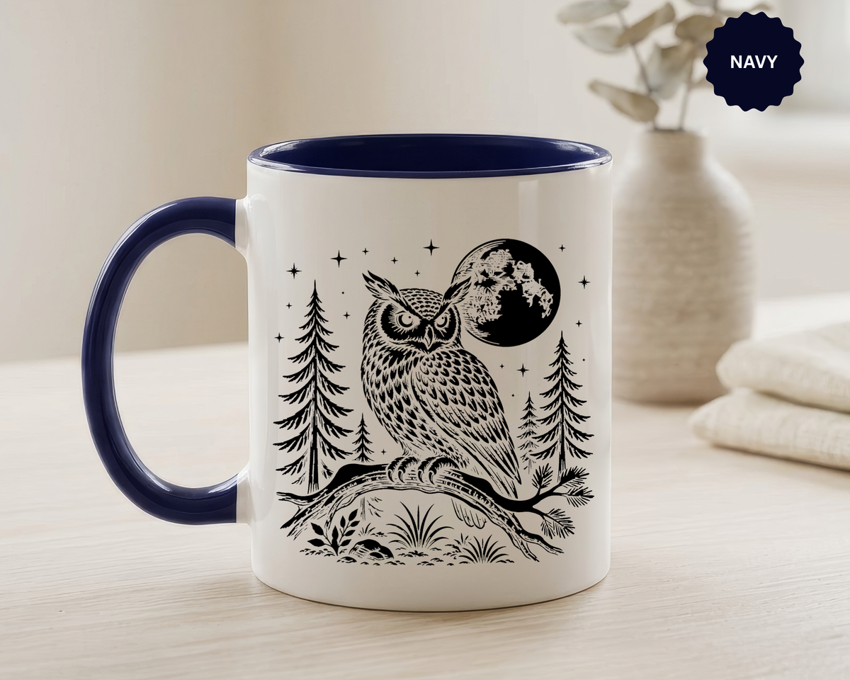 Owl Moon Mug, Black and White Woodland Coffee Cup, Celestial Bird Lover Gift, Rustic Forest Kitchen Decor, Nature Birthday Present