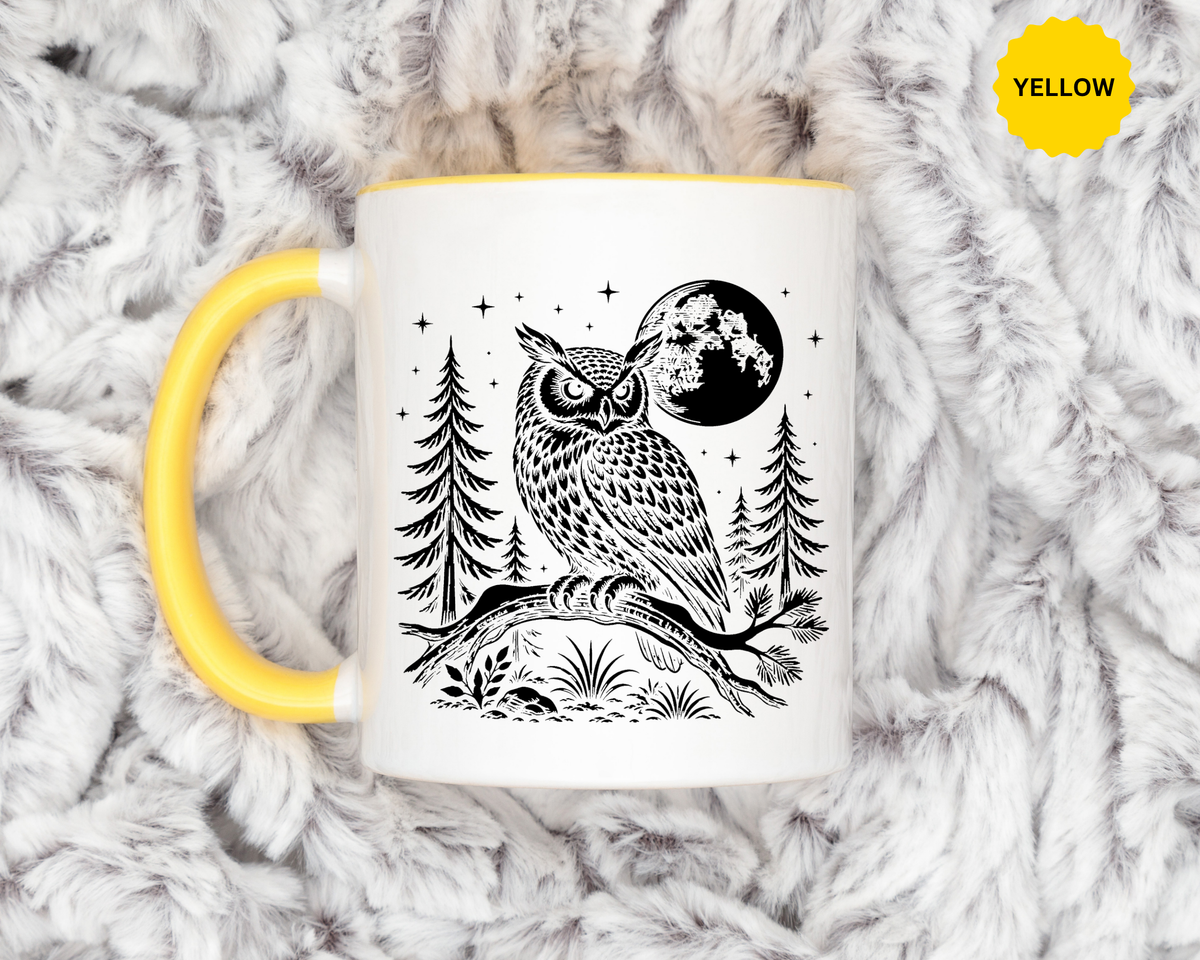 Owl Moon Mug, Black and White Woodland Coffee Cup, Celestial Bird Lover Gift, Rustic Forest Kitchen Decor, Nature Birthday Present