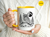 Owl Moon Mug, Black and White Woodland Coffee Cup, Celestial Bird Lover Gift, Rustic Forest Kitchen Decor, Nature Birthday Present