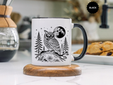 Owl Moon Mug, Black and White Woodland Coffee Cup, Celestial Bird Lover Gift, Rustic Forest Kitchen Decor, Nature Birthday Present