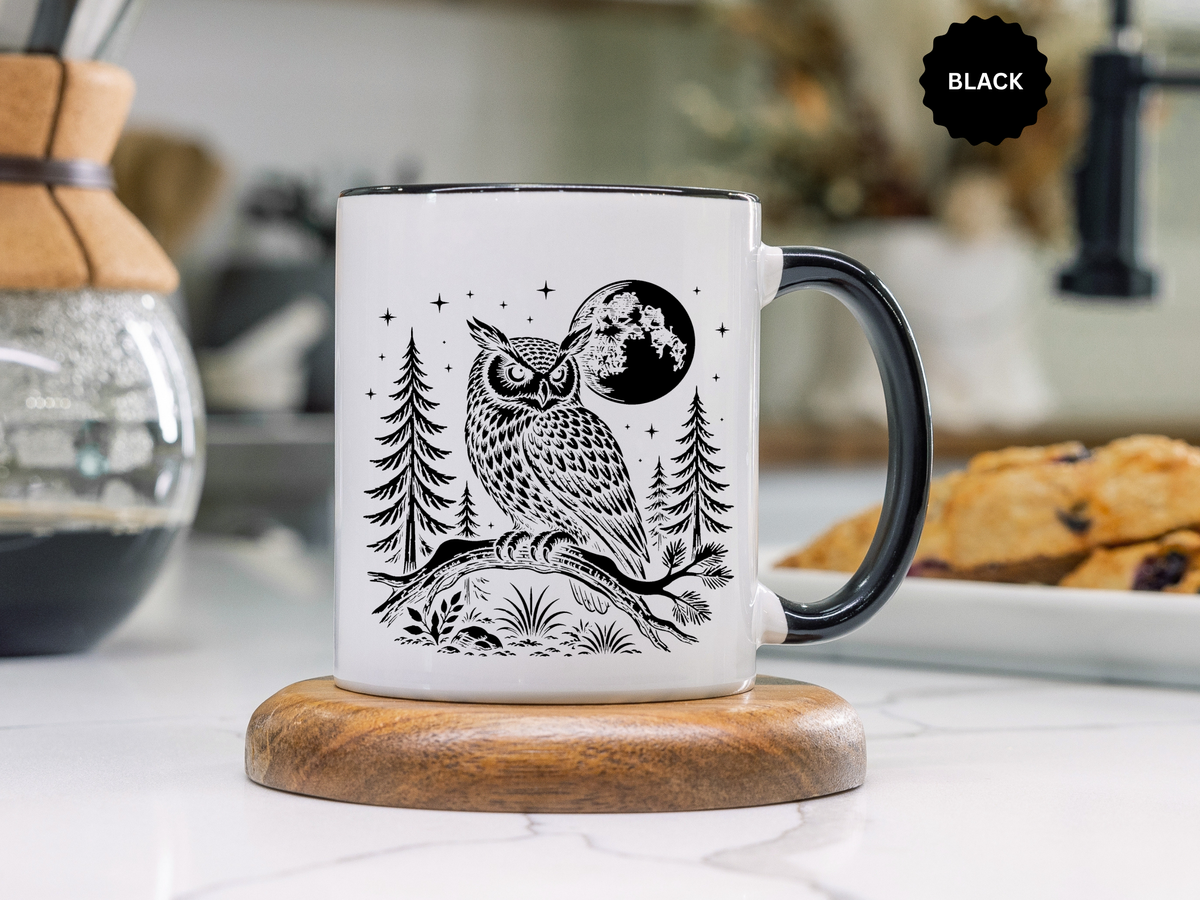 Owl Moon Mug, Black and White Woodland Coffee Cup, Celestial Bird Lover Gift, Rustic Forest Kitchen Decor, Nature Birthday Present