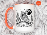 Owl Moon Mug, Black and White Woodland Coffee Cup, Celestial Bird Lover Gift, Rustic Forest Kitchen Decor, Nature Birthday Present