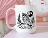 Owl Moon Mug, Black and White Woodland Coffee Cup, Celestial Bird Lover Gift, Rustic Forest Kitchen Decor, Nature Birthday Present