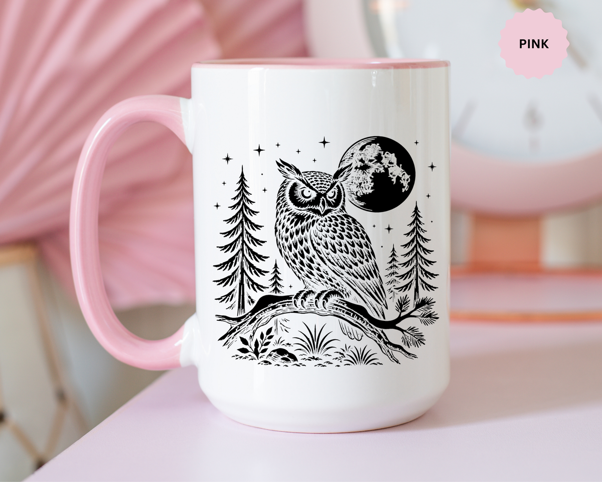 Owl Moon Mug, Black and White Woodland Coffee Cup, Celestial Bird Lover Gift, Rustic Forest Kitchen Decor, Nature Birthday Present