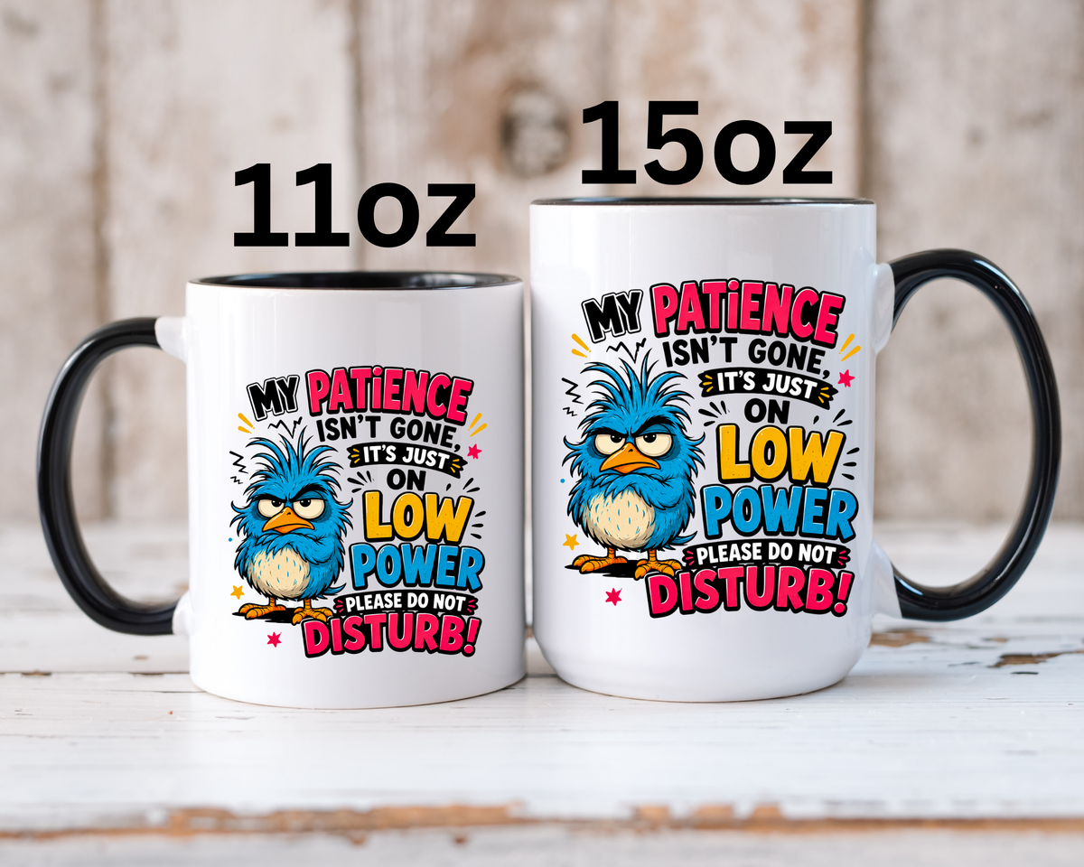 Funny Patience Mug, Low Power Bird Coffee Cup, Sarcastic Quote Gift for Coworker, Tired Mom Birthday Present, Office Humor Drinkware