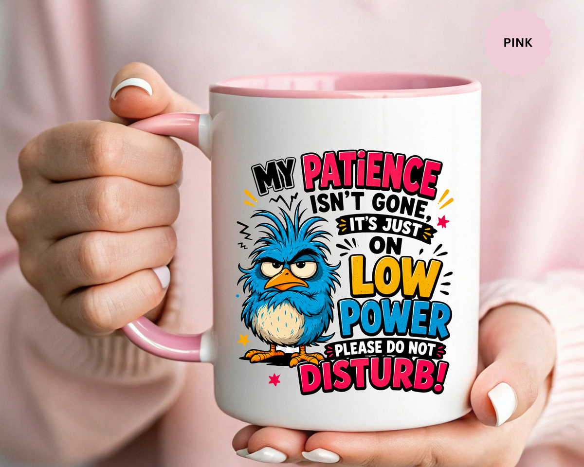 Funny Patience Mug, Low Power Bird Coffee Cup, Sarcastic Quote Gift for Coworker, Tired Mom Birthday Present, Office Humor Drinkware