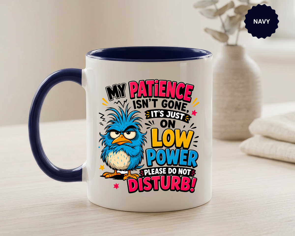 Funny Patience Mug, Low Power Bird Coffee Cup, Sarcastic Quote Gift for Coworker, Tired Mom Birthday Present, Office Humor Drinkware
