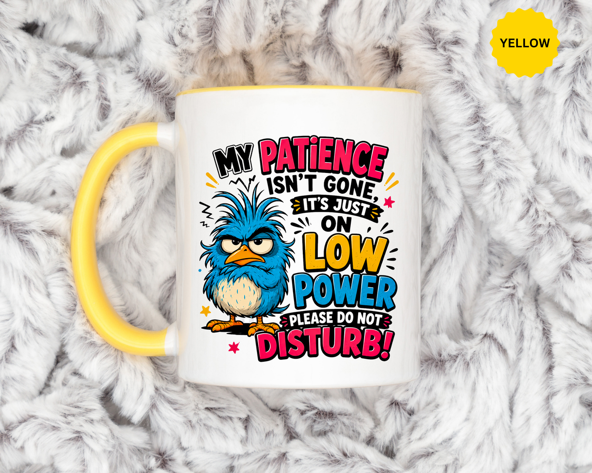 Funny Patience Mug, Low Power Bird Coffee Cup, Sarcastic Quote Gift for Coworker, Tired Mom Birthday Present, Office Humor Drinkware