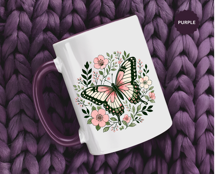 Floral Butterfly Mug, Pink Botanical Coffee Cup, Cottagecore Nature Lover Gift, Garden Kitchen Decor, Birthday Present for Her or Mom